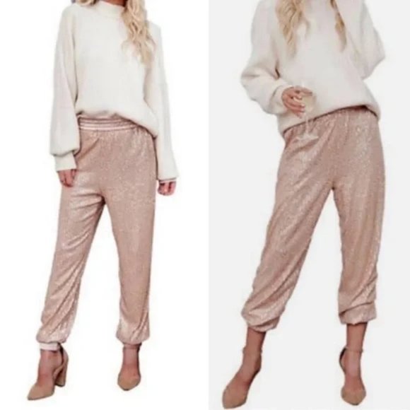 Anthropologie Melora Rose Gold Metallic Elastic Waist Harem Joggers, Size Medium - Picture 2 of 6